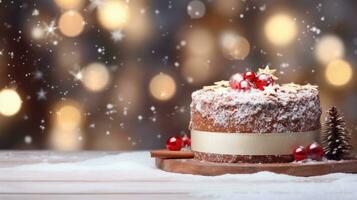 ai generato tradizionale Natale torta, sfocato Natale sfondo foto