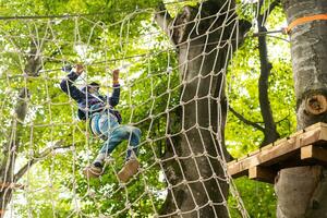 avventura arrampicata alto filo parco - bambini su corso corda parco. ritratto di carino poco ragazza camminare su un' corda ponte nel corda parco foto