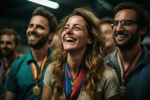 ai generato dedito dipendente premio brilla nel un' pensieroso decorato spazio di lavoro, riconoscimento e ricompensa immagini foto