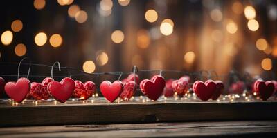 ai generato contento San Valentino giorno nozze compleanno sfondo bandiera panoramico saluto rosso cuori sospeso su di legno mollette corda con bokeh luci su sfondo foto