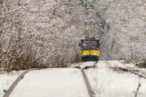 un vecchio tram in movimento attraverso un' inverno foresta foto