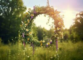 ai generato pietra Prodotto Schermo podio per cosmetico Prodotto con verde natura giardino sfondo. generativo ai foto