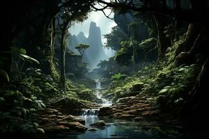 ai generato fantasia paesaggio con buio foresta pluviale nel montagna valle foto