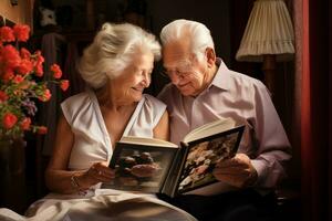 ai generato anziano coppia guardare a un' album fotografico interno foto