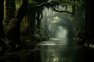 ai generato naturale paesaggio, foresta pluviale fiume durante alto stagione foto