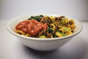 pollo tagliatelle o mie ayam. popolare strada cibo nel Indonesia foto