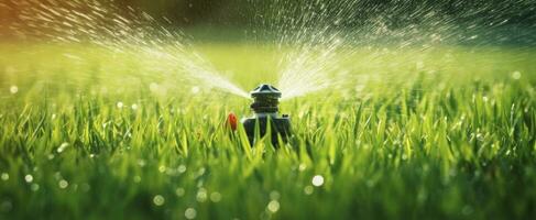 ai generato automatico giardino prato spruzzatore nel azione irrigazione erba. ai generato foto