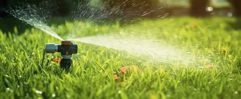 ai generato automatico giardino prato spruzzatore nel azione irrigazione erba. ai generato foto