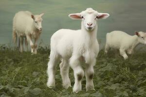 ai generato bianca agnello nel un' campo nel davanti di altro animali. generativo ai foto