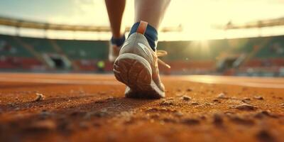 ai generato corridore piedi in esecuzione su un' stadio, avvicinamento su piedi, gli sport sfondo, spazio per copia, ai generativo foto