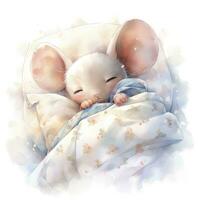 ai generato un' assonnato bambino topo nel un' biancheria da letto, acquerello illustrazione. foto
