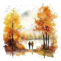ai generato acquerello autunno paesaggio con un' coppia a passeggio. ai generato foto