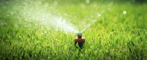 ai generato automatico giardino prato spruzzatore nel azione irrigazione erba. ai generato foto