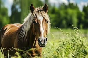 ai generato Marrone cavallo con biondo capelli mangia erba su un' verde prato dettaglio a partire dal il testa. foto