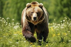 ai generato Marrone orso in movimento su il verde prato nel primavera natura. ai generato foto