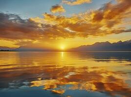 ai generato luminosa tramonto al di sopra di lago d'oro nuvole riflettere nel il acqua. ai generato. foto
