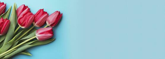 ai generato mazzo di rosso tulipano su blu sfondo. superiore Visualizza con copia spazio. foto