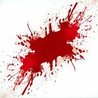 ai generato foto pieno telaio di spruzzi e gocce di rosso liquido nel il modulo di sangue su un' bianca sfondo
