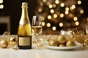 ai generato Natale tavolo ambientazione con vacanza decorazioni nel vino bottiglia e vino bicchieri contro bokeh sfondo foto