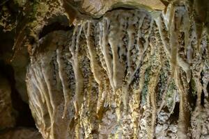 il grotta è carsico, sorprendente Visualizza di stalattiti e stalagmiti illuminato di luminosa luce, un' bellissimo naturale attrazione nel un' turista posto. foto