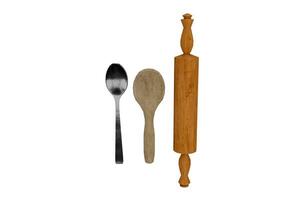 3d interpretazione cucina utensili, di legno rotolamento spillo, cucchiaio, di legno mestolo foto