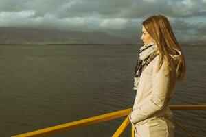 donna in piedi a il porto nel Reykjavik e guardare a il mare.immagine contiene poco rumore perché di alto iso impostato su telecamera e esso è tonica. foto
