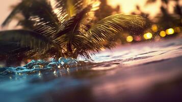 ai generato spiaggia con onde e Noce di cocco alberi a tramonto. generativo ai foto