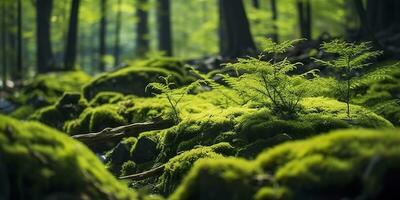 ai generato verde muschio avvicinamento, con un' fondale di bosco. foresta nel il nazionale parco. ai generato foto