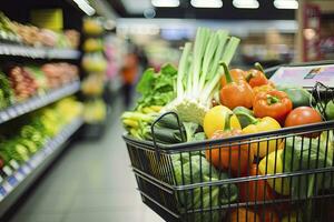 ai generato vicino su di pieno shopping carrello nel drogheria negozio. ai generato foto