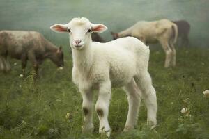 ai generato bianca agnello nel un' campo nel davanti di altro animali. generativo ai foto