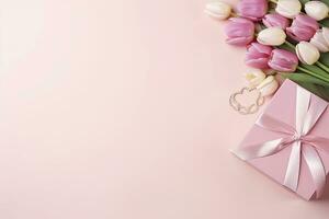 ai generato La madre di giorno concetto. rosa regalo scatola con nastro arco e un' mazzo di tulipani. ai generato foto