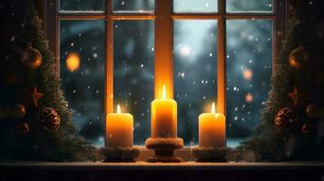 ai generato inverno vacanze e celebrazione concetto - Avvento candeliere su finestra davanzale a notte foto