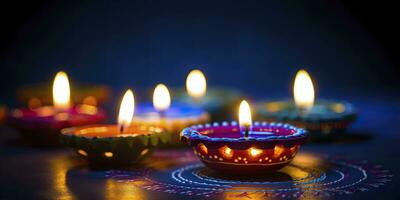 ai generato contento diwali. diya olio lampade erano illuminato durante il celebrazione. ai generato foto