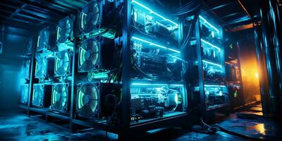 ai generato grande server con blu retroilluminazione. computer tecnologia, moderno server, informazione Conservazione, criptovaluta estrazione foto