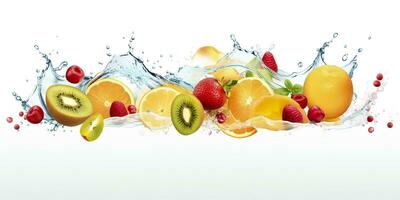 ai generato turbine acqua spruzzo con frutta. liquido flusso con ghiaccio cubi e un' mescolare di fresco frutta. generativo ai foto