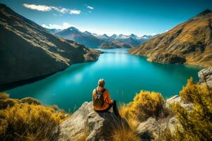 ai generato ragazza escursionista seduta su montagna azzurro lago. creare ai foto