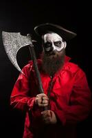 barbuto pazzo pirata con il suo ascia al di sopra di nero sfondo. Halloween vestito. foto