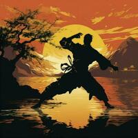 ai generato silhouette di marziale arti kung fu uomo in piedi. shaolin maestro illustrazione. foto