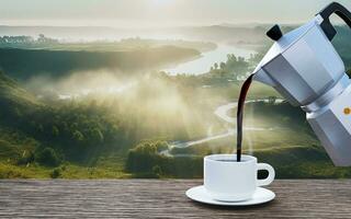 versare il caffè o l'espresso appena preparato dalla moka in una tazza da caffè bianca. caffè caldo in una tazza posizionata sul ripiano del tavolo o sul balcone di legno. vista sulle montagne mattutine, sole mattutino. rendering 3D foto