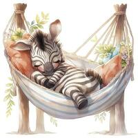 ai generato un' assonnato bambino zebra nel un' amaca. acquerello illustrazioni. ai generato foto