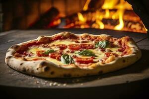 ai generato appena al forno Pizza avvicinamento, tradizionale legna licenziato forno sfondo. ai generato foto