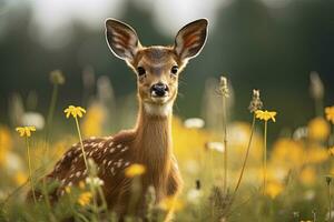 ai generato femmina capriolo cervo con bellissimo fiore. ai generato foto