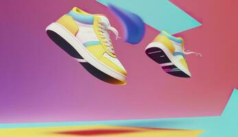 ai generato volante di moda scarpe da ginnastica su creativo colorato sfondo, elegante alla moda concetto. ai generato foto