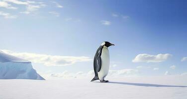 ai generato pinguino in piedi nel Antartide guardare in il blu cielo. ai generato foto