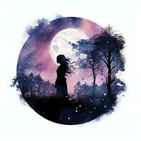 ai generato foresta Luna silhouette con Fata splendente nel il notte cielo su un' bianca sfondo. ai generato foto