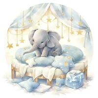 ai generato un elefante su un' letto con stelle e coperte in giro il cerchio. ai generato foto
