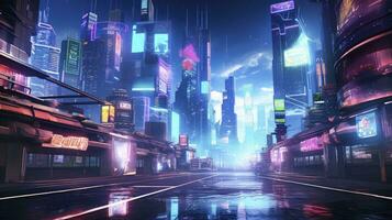 ai generato un' futuristico, cyberpunk ispirato paesaggio urbano a notte. ai generato foto