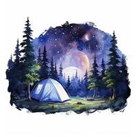 ai generato un' campeggio tenda nel il foresta con notte cielo, acquerello per maglietta design. ai generato foto