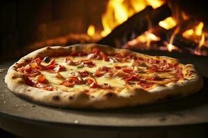 ai generato appena al forno Pizza avvicinamento, tradizionale legna licenziato forno sfondo. ai generato foto