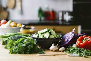 ai generato per cucinando, fresco la verdura, verde insalata, peperoni, funghi, e melanzana. ai generato foto